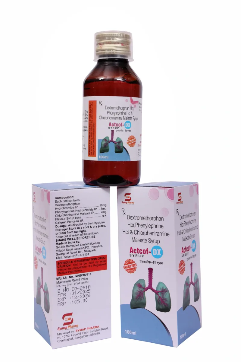 Actcof DX Syp (Sugar Free) – Dextromethorphan Hydrobromide 10mg + Phenylepherine Hydrochloride 5mg + CPM 2mg