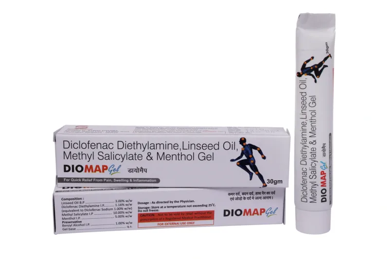 Diomap Gel – Diclofenac Sodium 1% + Linseed Oil 3% + Methyl Salicylate 10% + Menthol Gel 5% + Benzyl Alcohol 1%