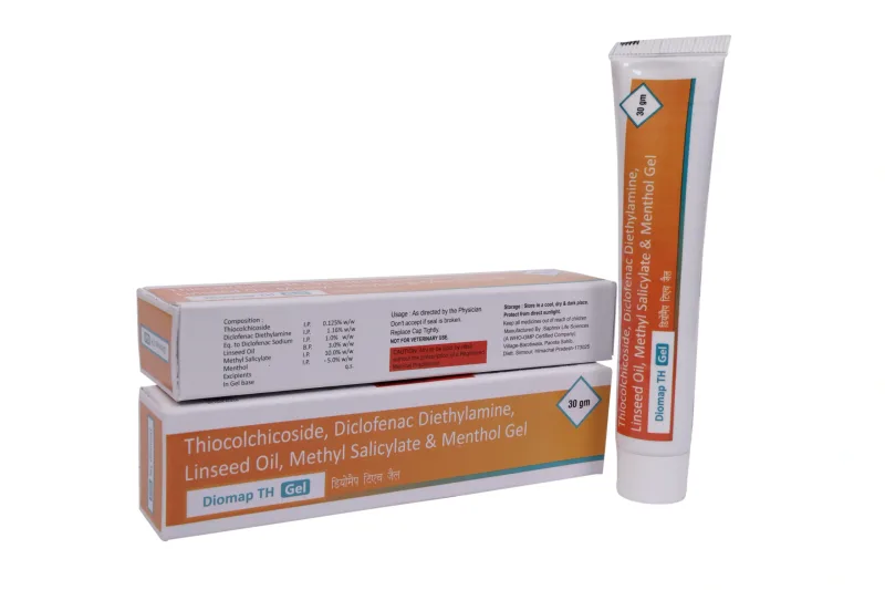 Diomap TH Gel – Thiocolchicoside 0.125% + Diclofenac Diethylamine 1.16% + Diclofenac Sodium 1.0% + Linseed Oil 3.0% + Methyl Salicylate 10.0% + Menthol 5.0%