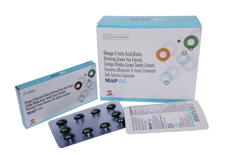 Map 5G cap – Omega 3 Fatty Acids 90 mg + Ginkgo Biloba 10 mg + Ginseng Extract 42.5 mg + Grape Seed Extract 15 mg + Green Tea Extract 40 mg + MultiVitamin, Multimineral and Anti Oxidants