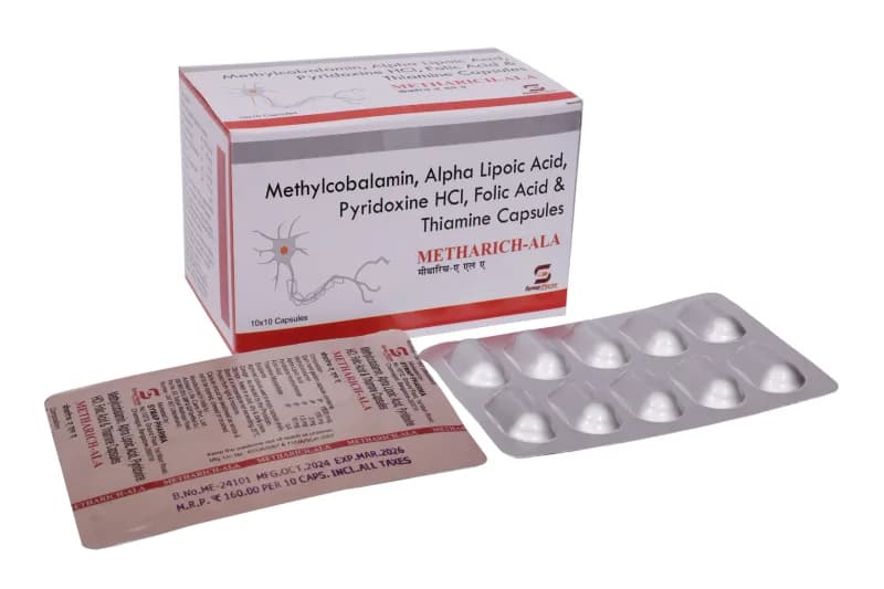 Metharich ALA Cap – Methylcobalamin 1500 IP mcg + Alpha Lipoic Acid USP 100mg + Pyridoxine HCl IP 3mg + Folic Acid IP 1.5mg + Thiamine Hydrochloride IP 10mg