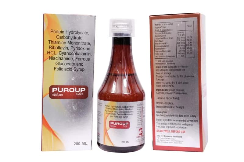 Puroup Syp – Protein Hydrolysate 200 mg + Carbohydrate 2.5 mg + Vitamin B1 500 mcg + B2 500 mcg + B6 200 mcg + B12 3 mcg + B3 6 mg + Ferrous Gluconate 20 mg + Folic Acid 100 mcg