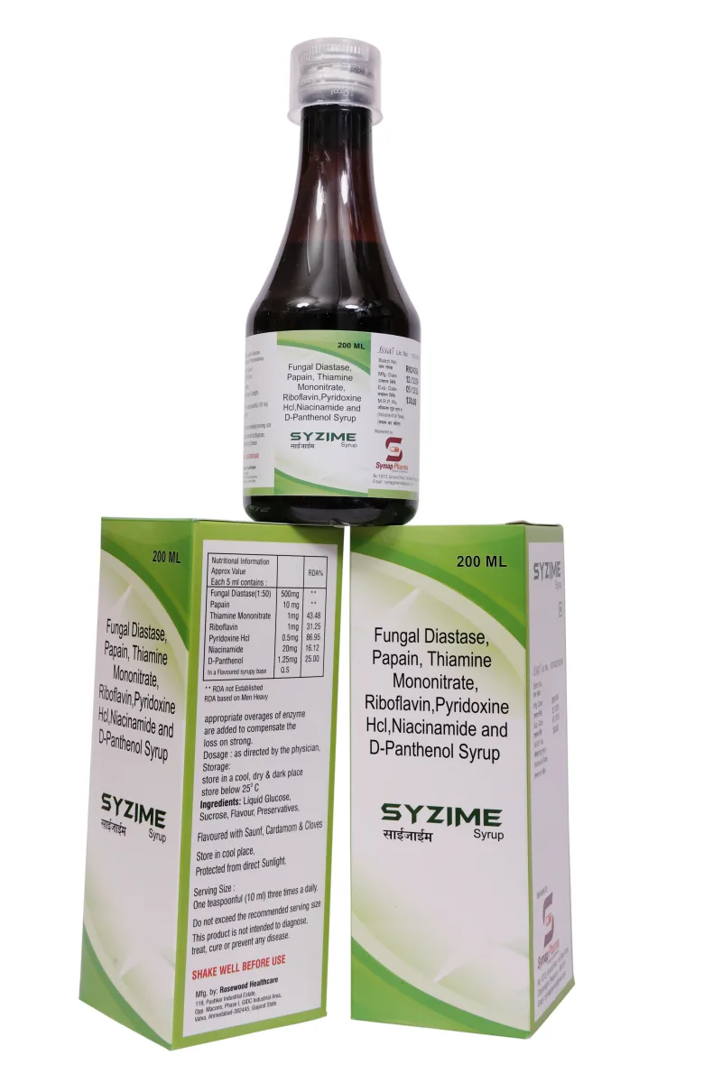Syzime Syp – Fungal Diastase 500 mg + Papain 10 mg + Vitamin B1 1 mg + B2 1 mg + B6 0.5 mg + B3 20 mg + D-Panthenol 1.25 mg